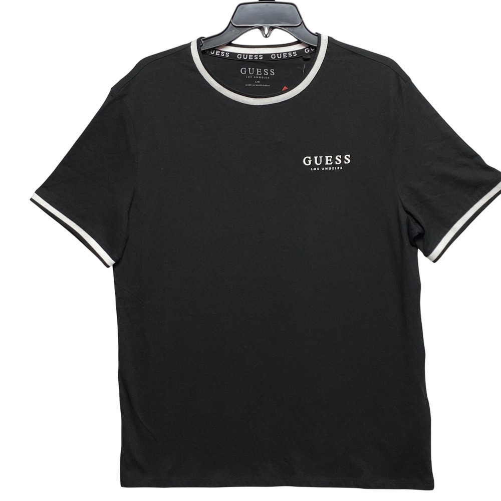 Guess Mens Black Ringer T-Shirt White Logo Crew Neck Large NWT - Picture 2 of 6